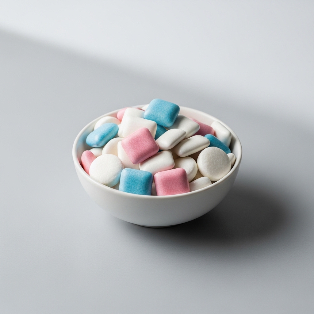 무설탕 껌이나 사탕의 당알코올이 가스를 늘릴 수 있음을 상징하는 이미지