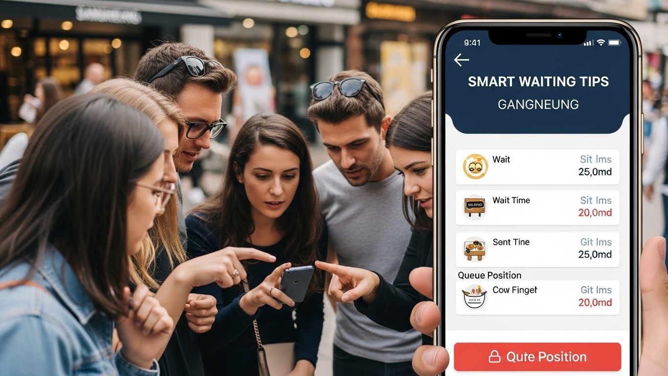 맛집 대기 어플리케이션을 확인하는 여행객의 모습