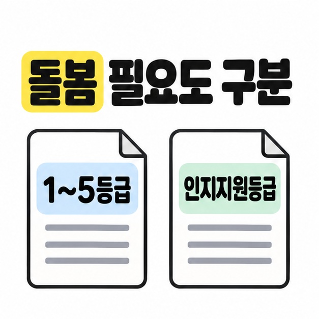 돌봄 필요도 구분이라는 제목 아래 1~5등급과 인지지원등급을 각각 적은 두 장의 문서를 배치한 그림