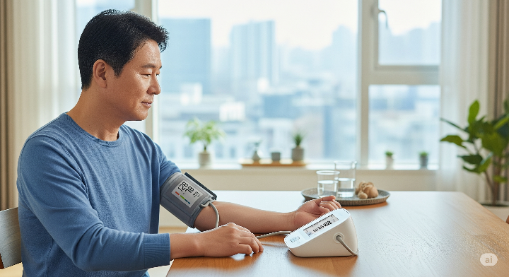 팔뚝 커프형 혈압계로 혈압을 재는 남성의 모습