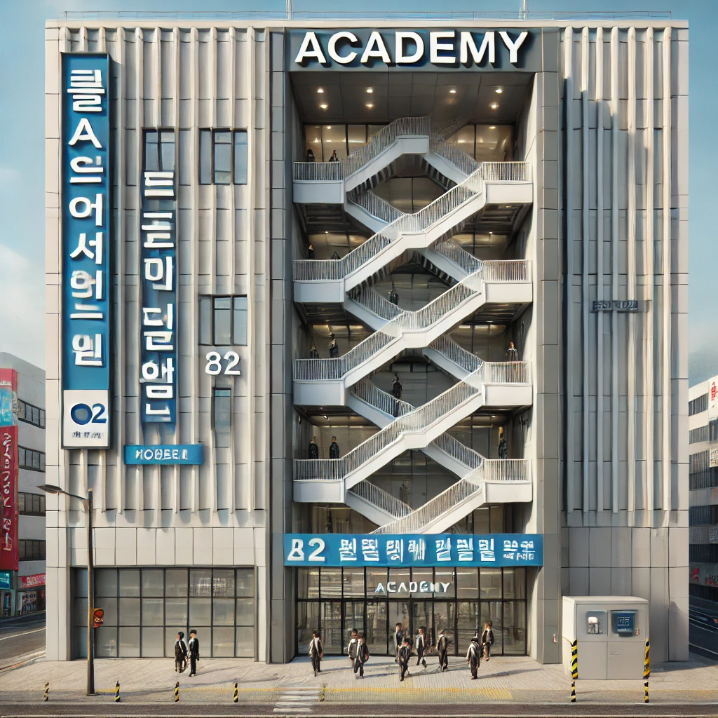 학생들이 들어가는 대형 학원 건물 외관