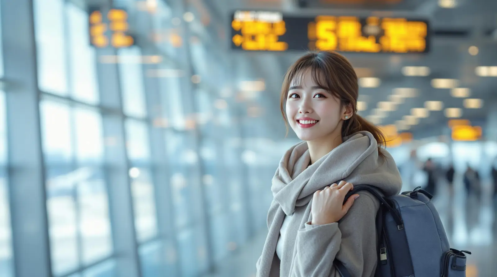 공항에서 여행을 떠나는 여성