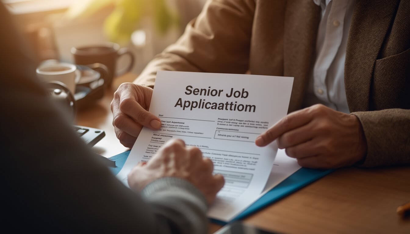 노인일자리 지원을 위해 상담사에게 신청서 작성 안내를 받고 있는 모습