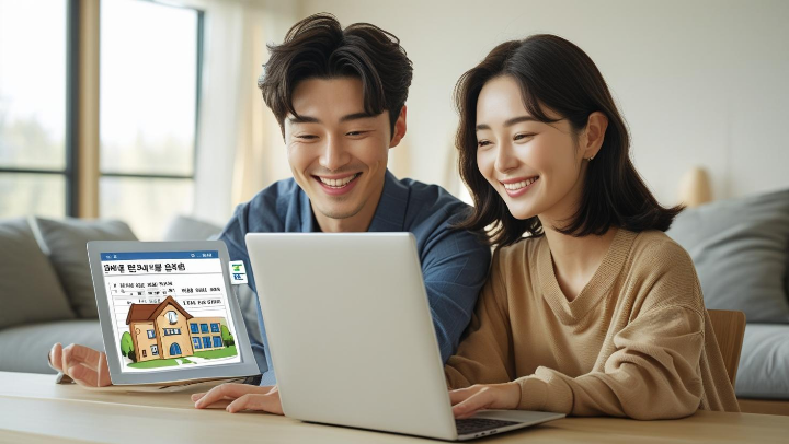 부동산 거래 전 등기부등본 서류를 확인하는 부부, 전세 사기 예방을 위한 필수 서류 점검 모습