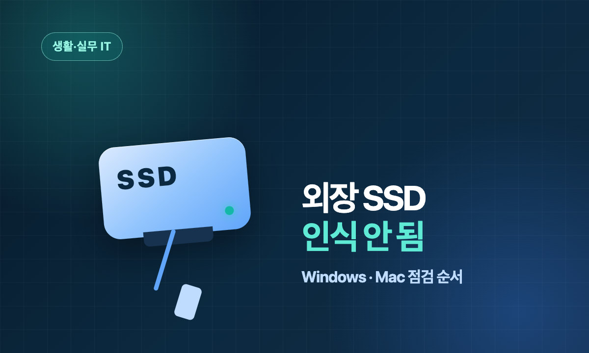Windows와 Mac의 USB 외장 SSD 인식 오류 점검 순서를 나타낸 대표 이미지