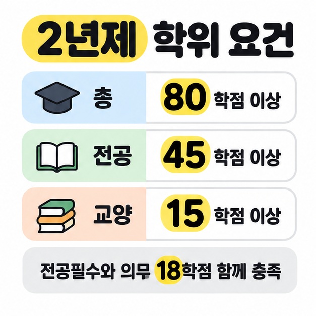 2년제 학위 요건인 총 80학점 이상과 전공 45학점 이상, 교양 15학점 이상을 비교하고 전공필수와 의무 18학점도 함께 충족하도록 안내한 이미지