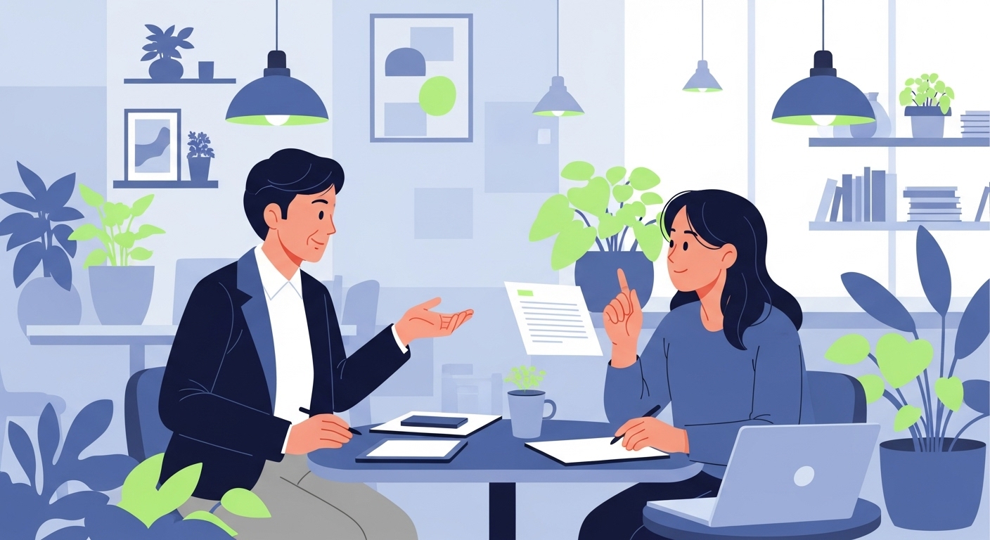 현대적인 공간에서 영포티와 MZ세대가 서로 존중하며 소통하는 모습, 세대 간 화합을 상징