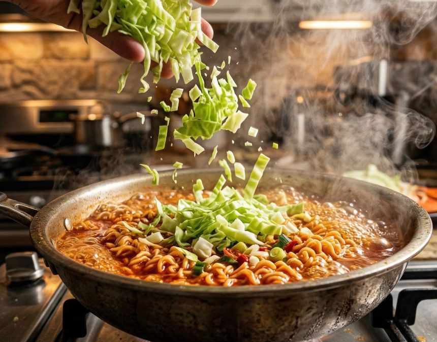 혈당 스파이크를 줄이기 위해 끓는 라면에 식이섬유가 풍부한 양배추를 듬뿍 넣는 조리 과정