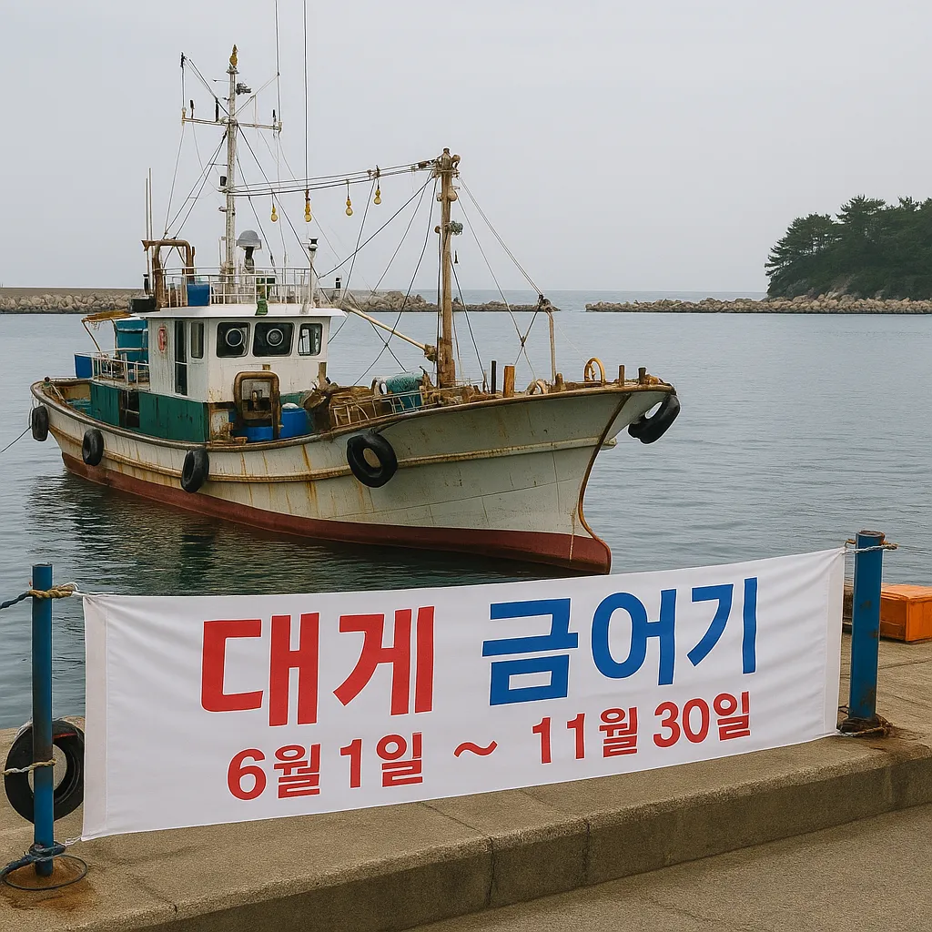 항구에 정박한 대게 어선과 금어기 안내 현수막