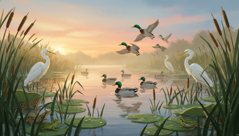 일출이 비치는 평화로운 습지 생태계, 푸른 갈대와 다양한 물새들이 어우러진 생명의 보고를 담은 그림. 람사르 협약과 세계 습지의 날의 중요성을 상징합니다.