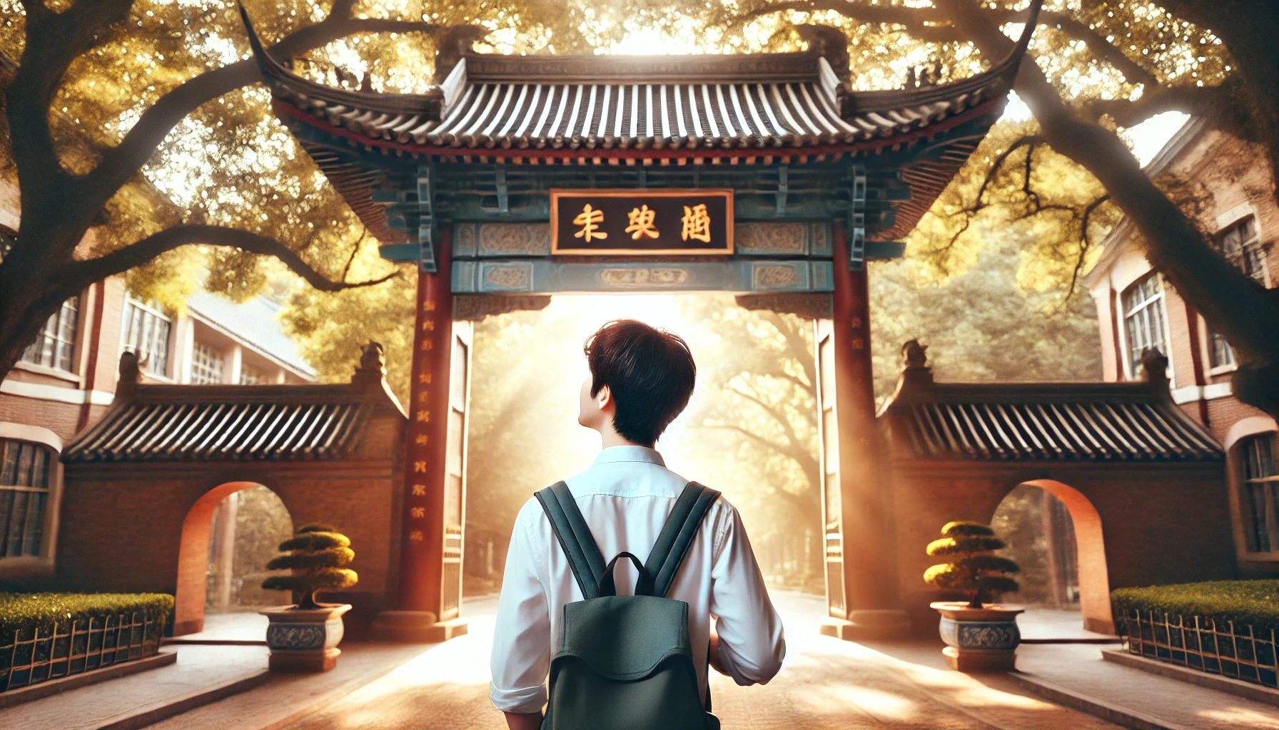 대학 캠퍼스 정문 앞에 선 학생의 모습