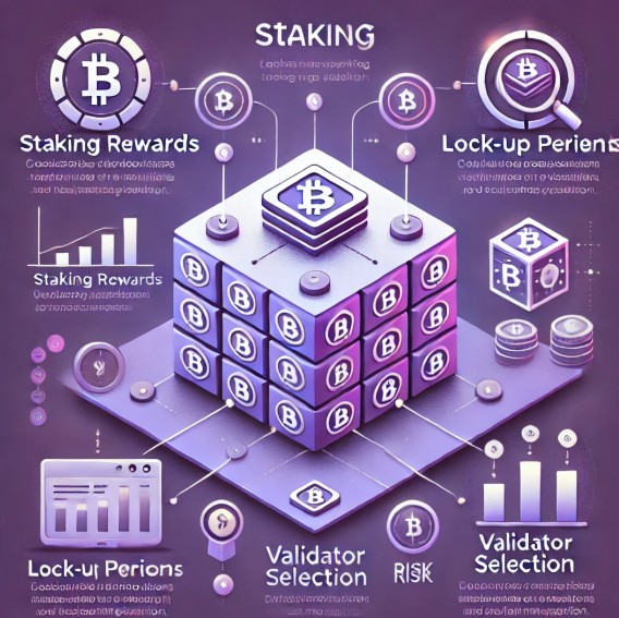 가상자산 스테이킹 개념을 시각적으로 표현한 이미지로, 스테이킹 보상, 락업 기간, 검증인 선택, 리스크 관리 등의 핵심 내용을 아이콘과 그래픽으로 정리한 깔끔한 디자인