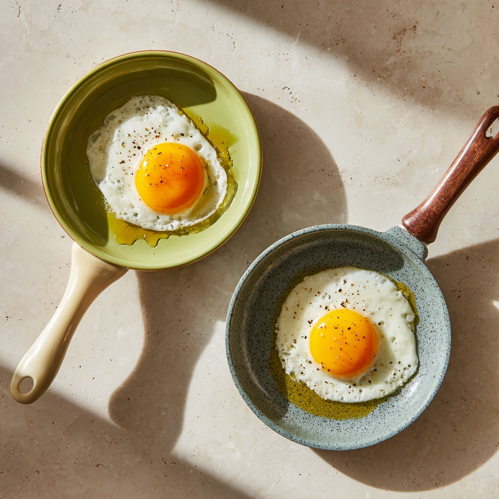 아보카도 오일과 올리브유로 각각 구운 계란후라이 비교 이미지. 스테인리스 팬 위에 완숙과 반숙 계란이 놓여 있음