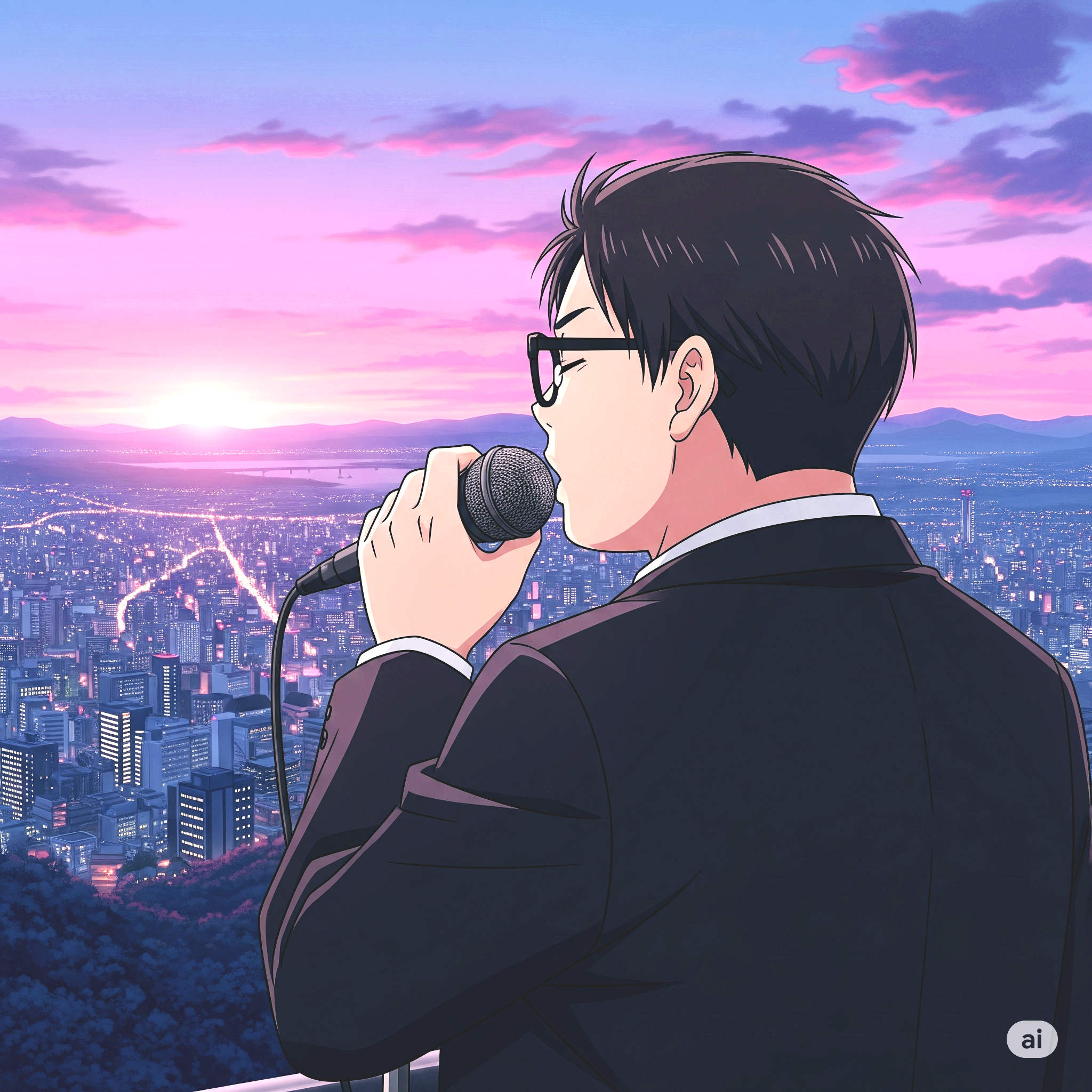 삿포로 야경을 바라보며 노래하는 남자