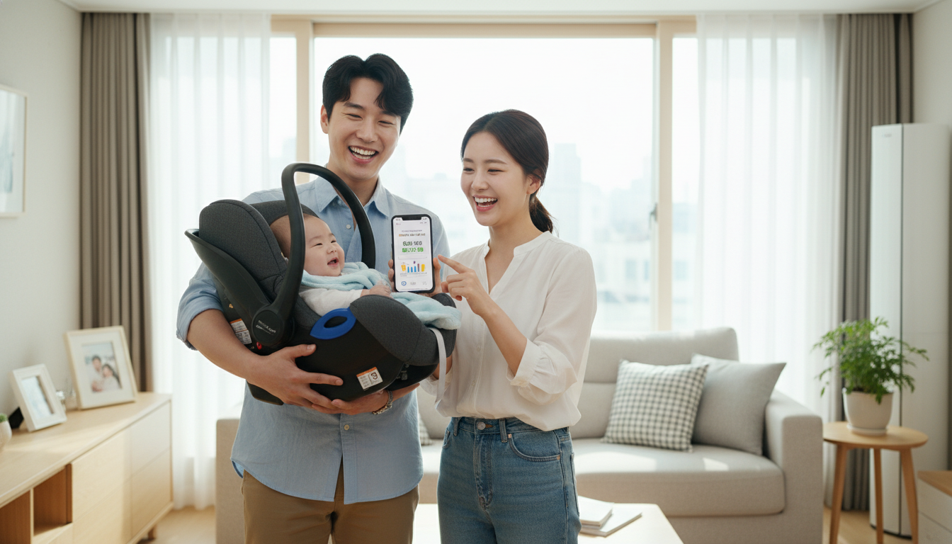 아이와 함께 자동차 보험 자녀 할인 특약을 확인하며 기뻐하는 한국인 부부의 모습
