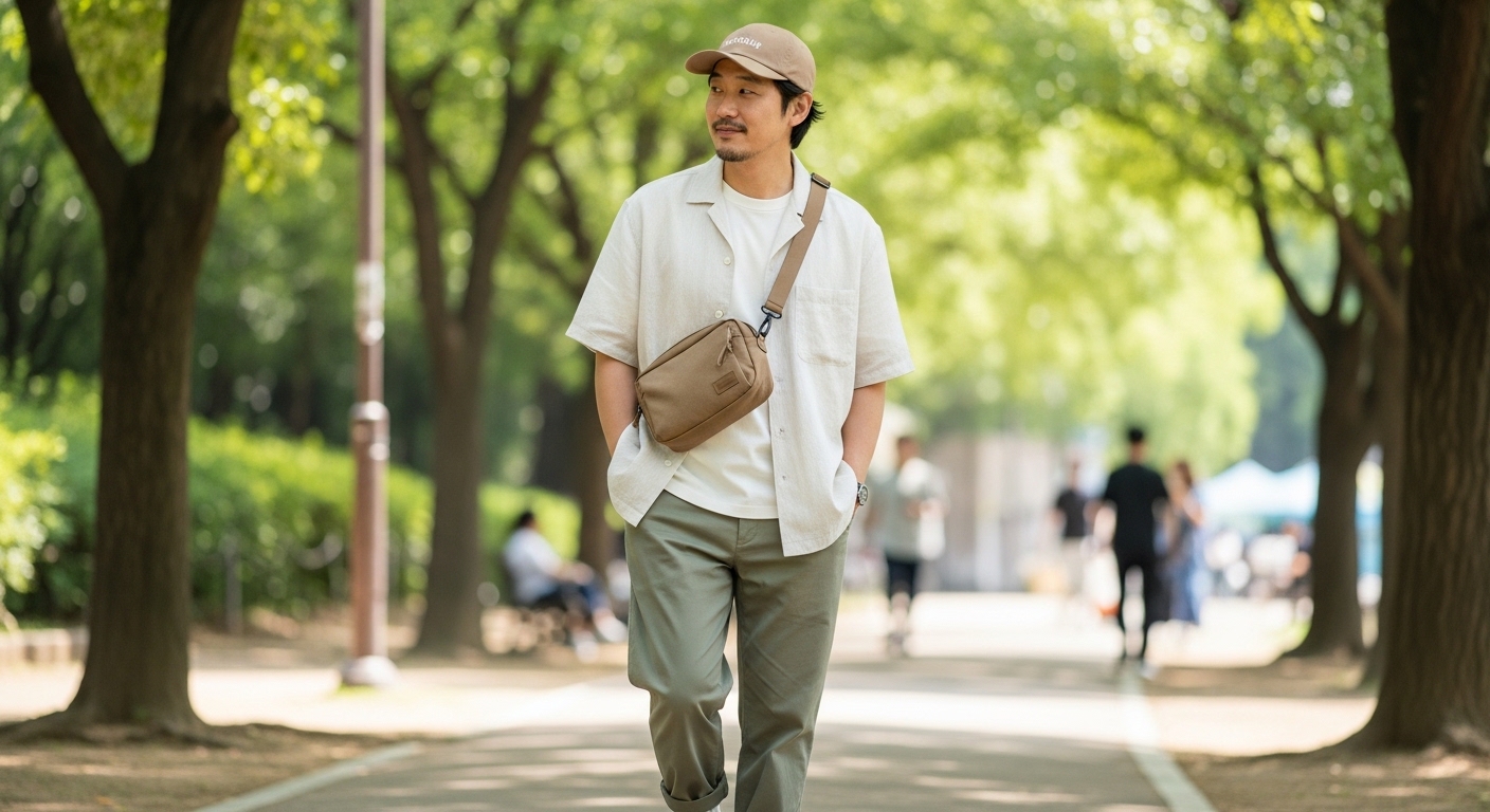 세련된 무드의 톤온톤 볼캡과 원마일백을 매치한 편안한 주말 데일리룩
