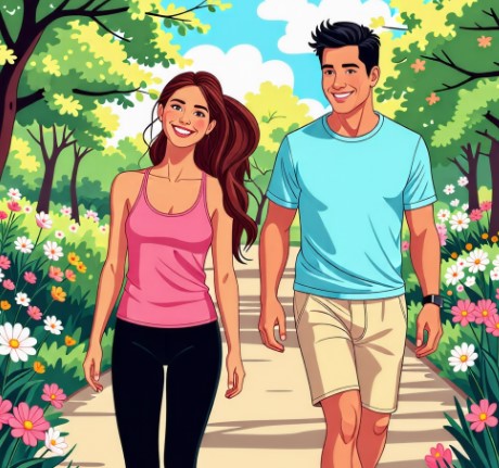 남성 1명과 여성 1명이 웃으면서 나란히 걷고 있습니다.