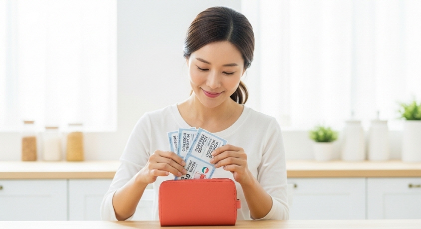 지갑에 쿠폰 넣는 주부