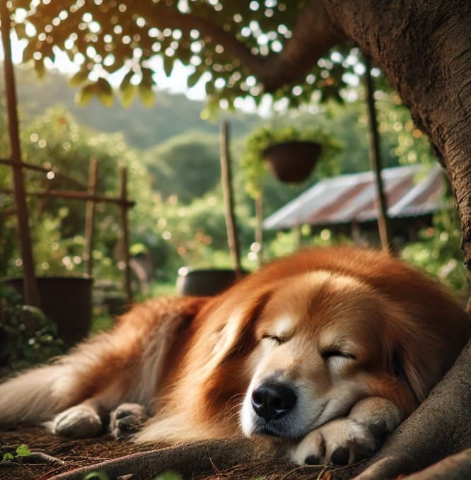 나무옆에서자고있는대형강아지사진