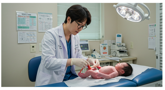 엄마가 아기 옷 입히는 장면