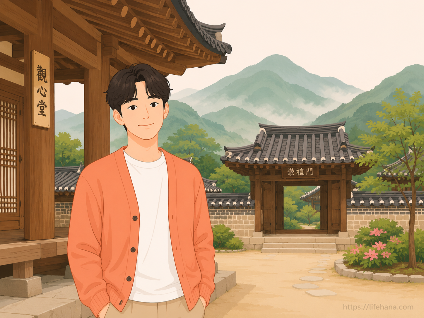 복잡한 빌딩 숲에서 스마트폰 피로감을 느끼던 청년이 고즈넉한 사찰 전경을 바라보며 마음의 안정을 찾는 대비적인 일상 일러스트