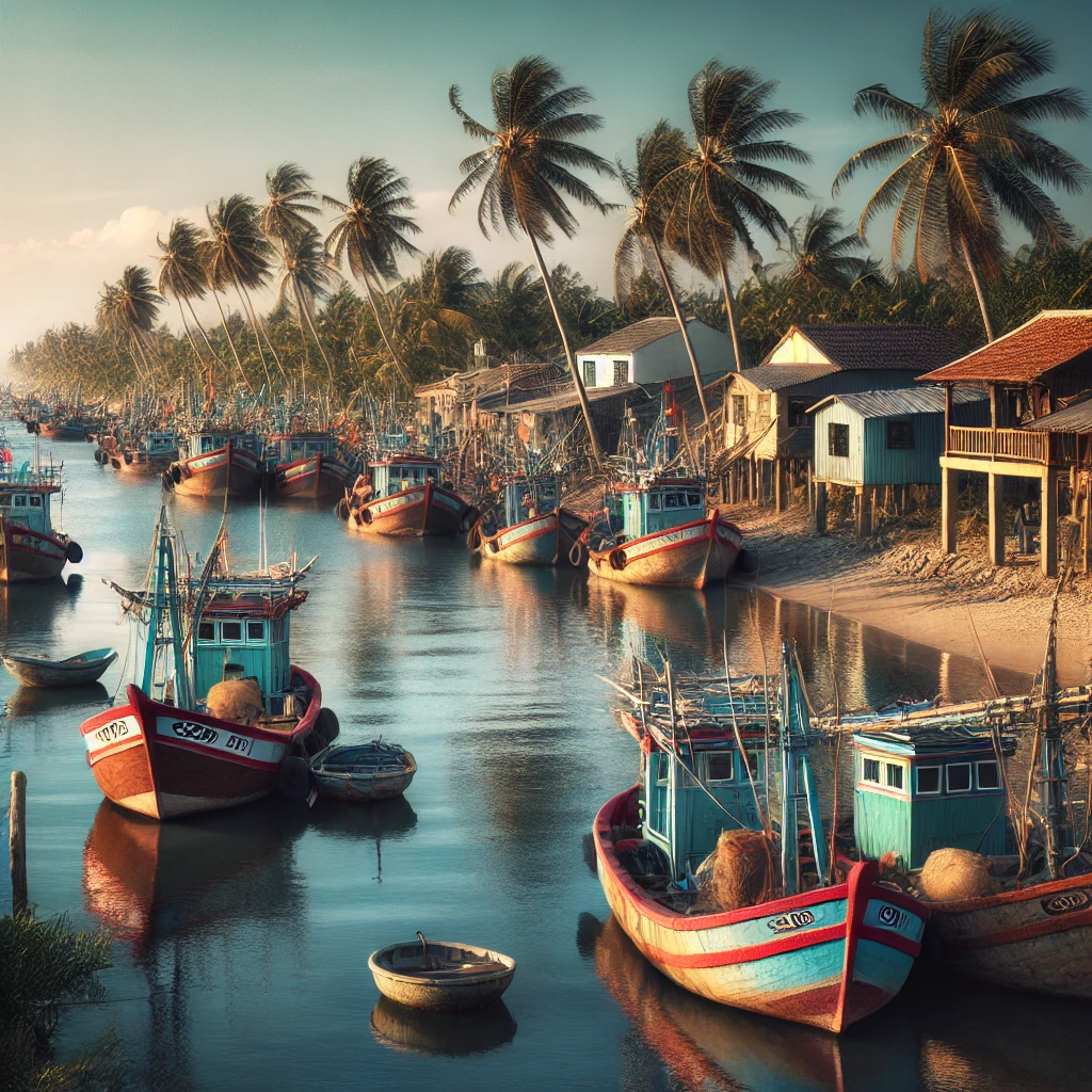 무이네 어촌 마을의 평화로운 풍경과 전통 어선들