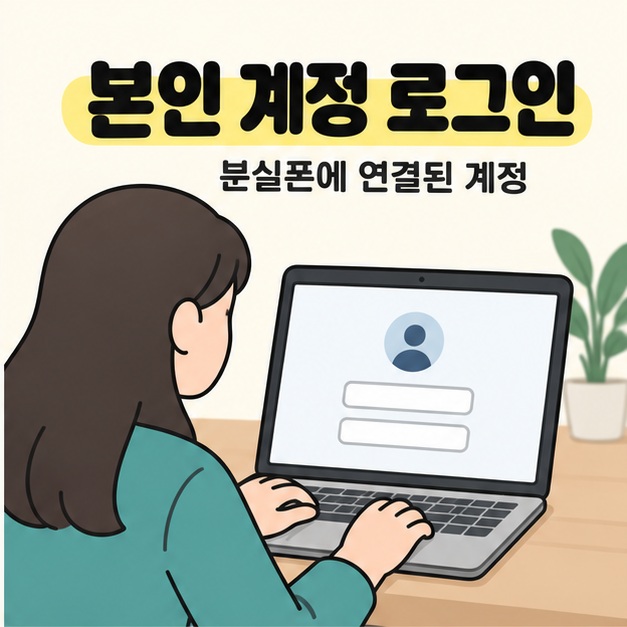 본인 계정 로그인과 분실폰에 연결된 계정 문구 아래 사용자가 프로필과 빈 입력 칸이 표시된 노트북을 조작하는 삽화
