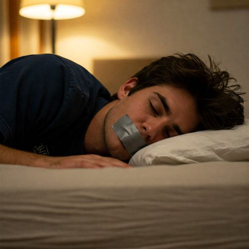 테이프를 입에 붙이고 자는 젊은 남성