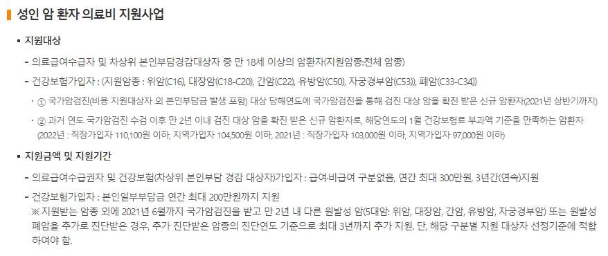성인 암 환자 의료비 지원 금액