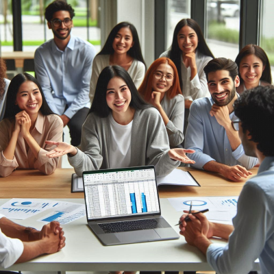 "사람들이 화면을 통해 발표되는 데이터 분석 결과를 듣고 있는 모습."
