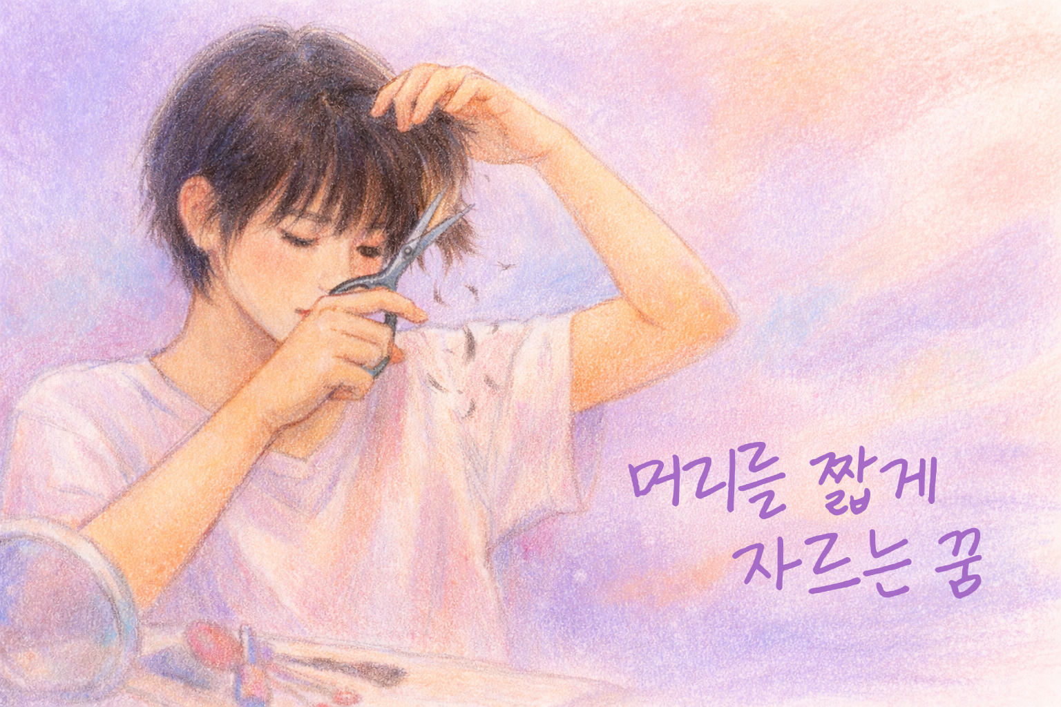 거울 앞에서 스스로 머리를 자르는 성인의 색연필 일러스트