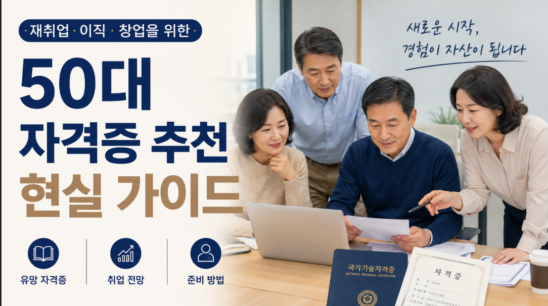50대 자격증 추천과 중장년 재취업 준비를 설명하는 블로그 썸네일 이미지