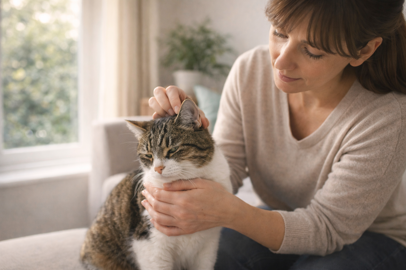 고양이를 안고 귀를 보고있는 여성 이미지