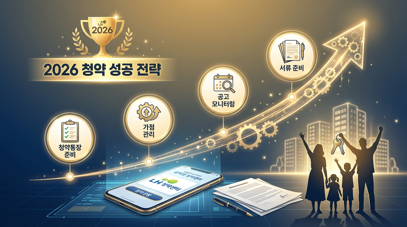 "2026 청약 성공 전략 인포그래픽 - 청약통장 준비와 가점 관리 프로세스"