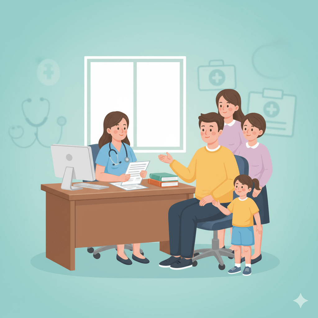 의사와 진료를 보고있는 환자, 가족들