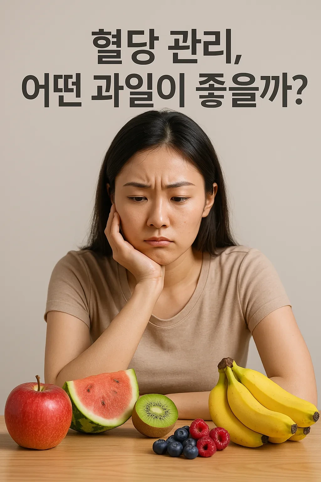공복에 과일을 고민하는 동양인 여성이 식탁 위에 놓인 사과, 수박, 바나나, 키위, 블루베리를 바라보며 어떤 과일을 먹을지 고민하는 모습