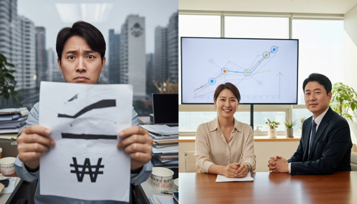 높은 세금이나 건강보험료 고지서에 당황한 한국인과 전문가 상담 후 안도하는 한국인의 모습을 비교하며 자산 반입 리스크 관리를 시각화한 이미지