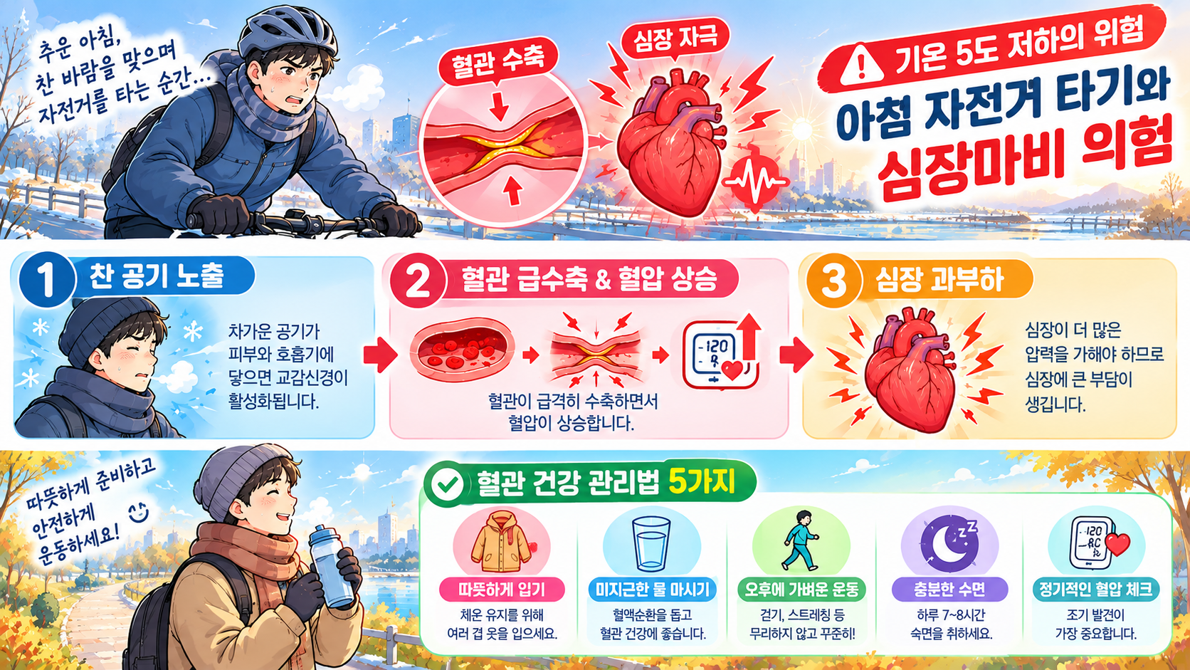 기온 저하 시 아침 자전거 타기의 심장마비 위험성과 혈관 건강 관리법 5가지 요약 인포그래픽