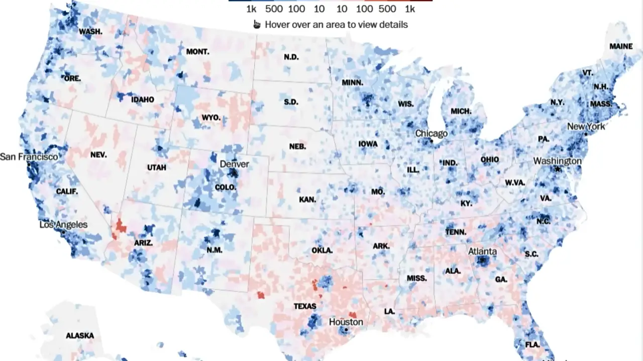 파란색 민주당 후원과 빨간색 공화당 후원 지도 - 해리스 지지자, 트럼프 지지자 차이 ⓒ washingtonpost