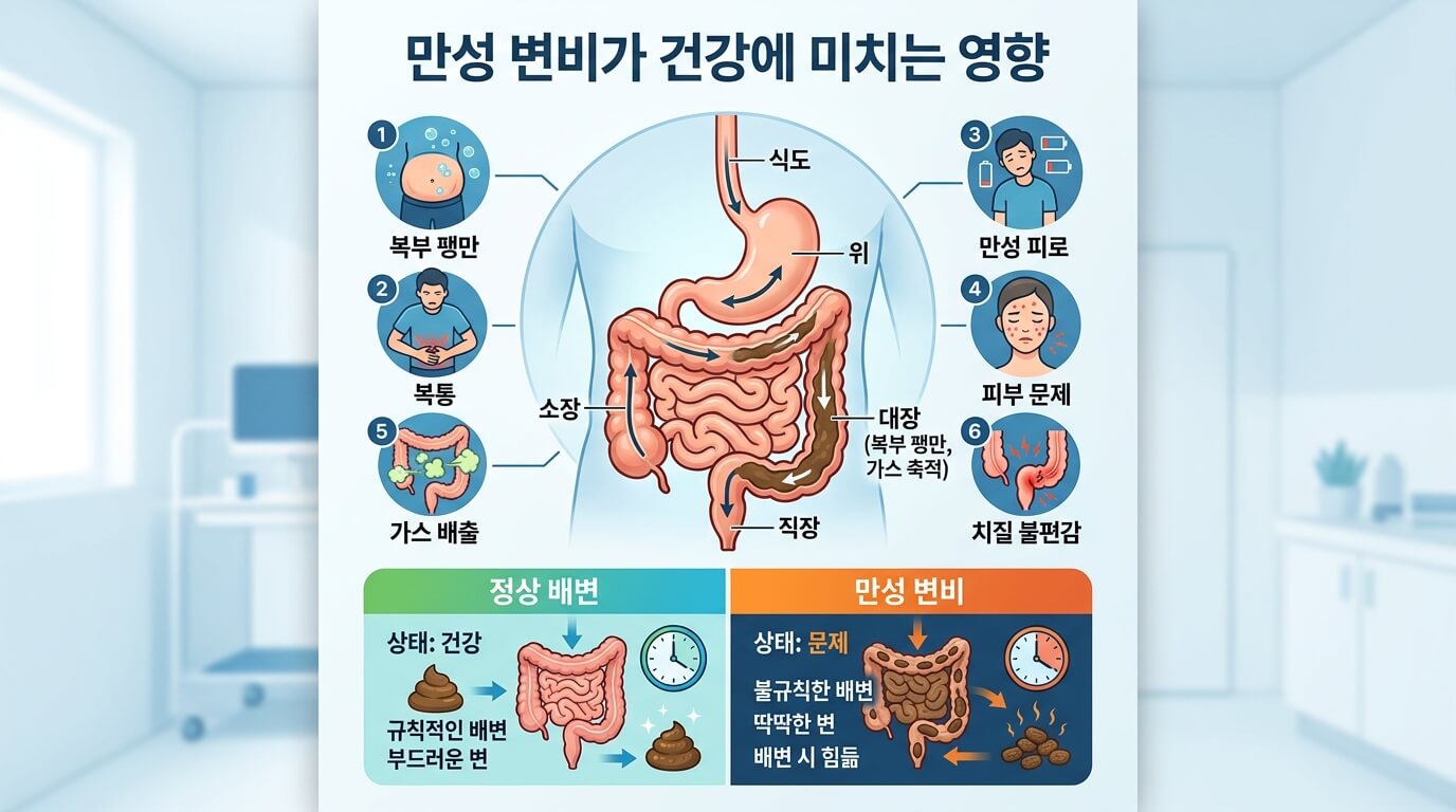 변비가 장 건강과 몸 전체에 미치는 영향을 설명하는 건강 인포그래픽