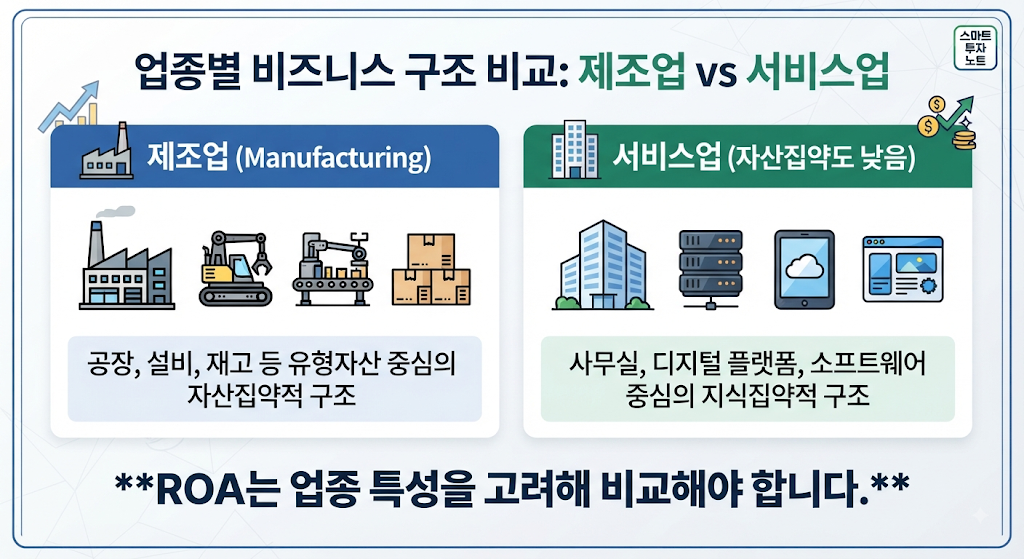 업종별 자산 구조와 ROA 차이를 설명하는 이미지