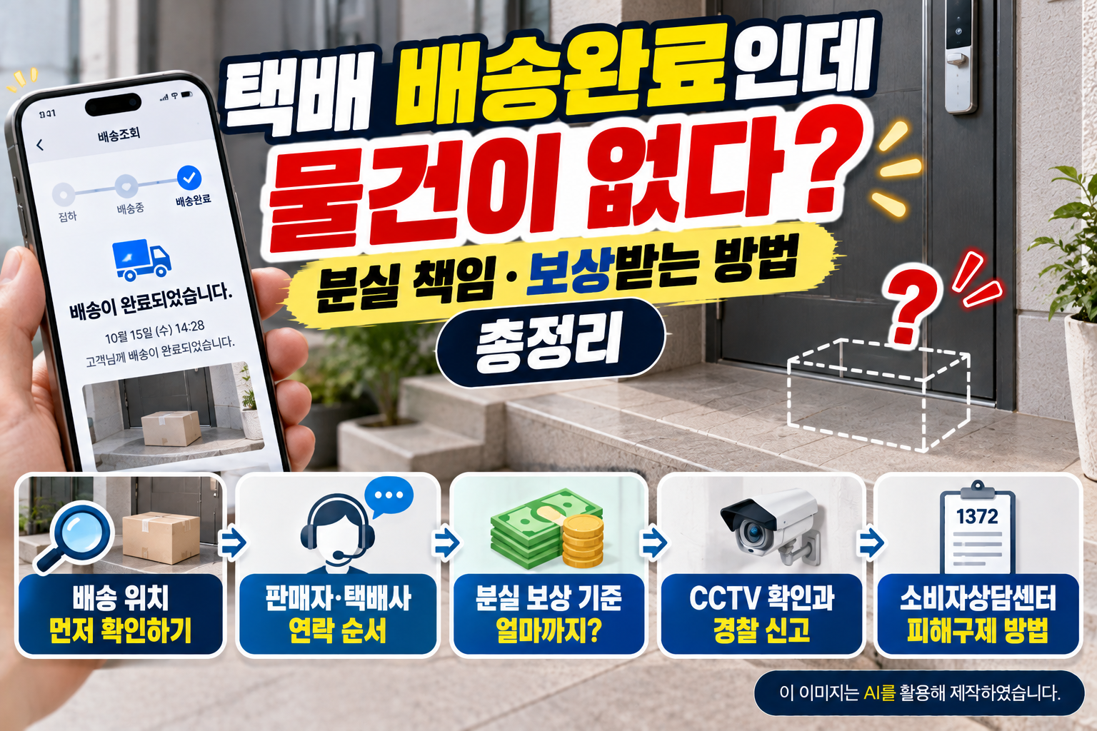 택배가 배송완료로 표시되었지만 물건이 없을 때 확인해야 할 배송 위치, 판매자·택배사 책임, 분실 보상 기준, CCTV 확인 및 소비자 피해구제 방법을 설명하는 이미지