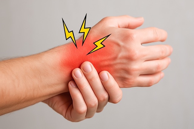손등 통증 부위를 감싸 쥔 손 위로 전기 자극을 표현(출처: 자체제작)