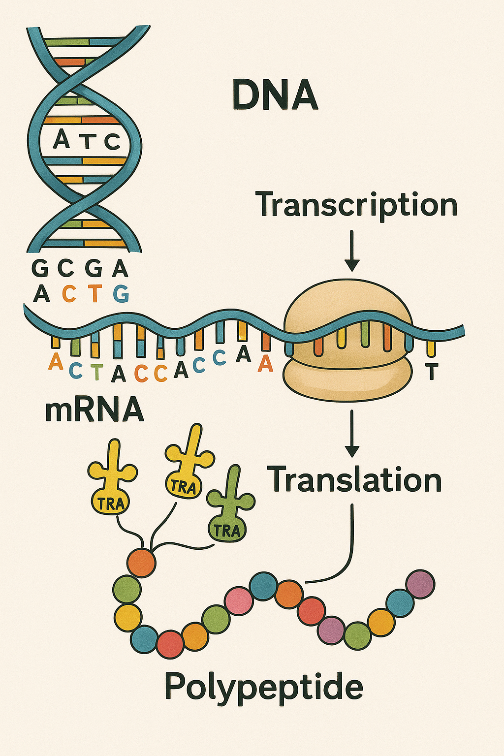 DNA와 유전자 발현 과정의 전체 흐름관련 이미지