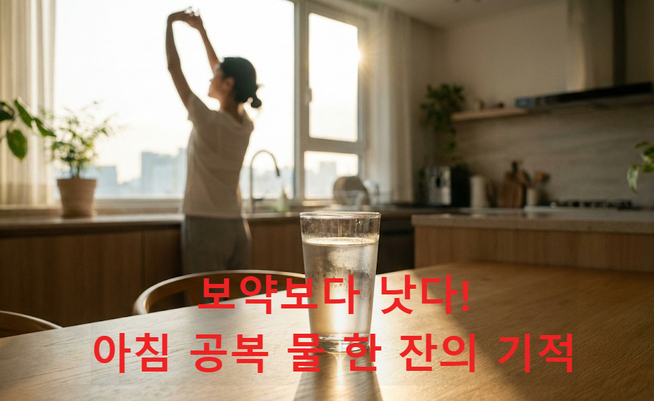 아침 햇살이 비치는 주탁 위 투명한 물 한 잔과 기지개를 켜는 여성의 실루엣.