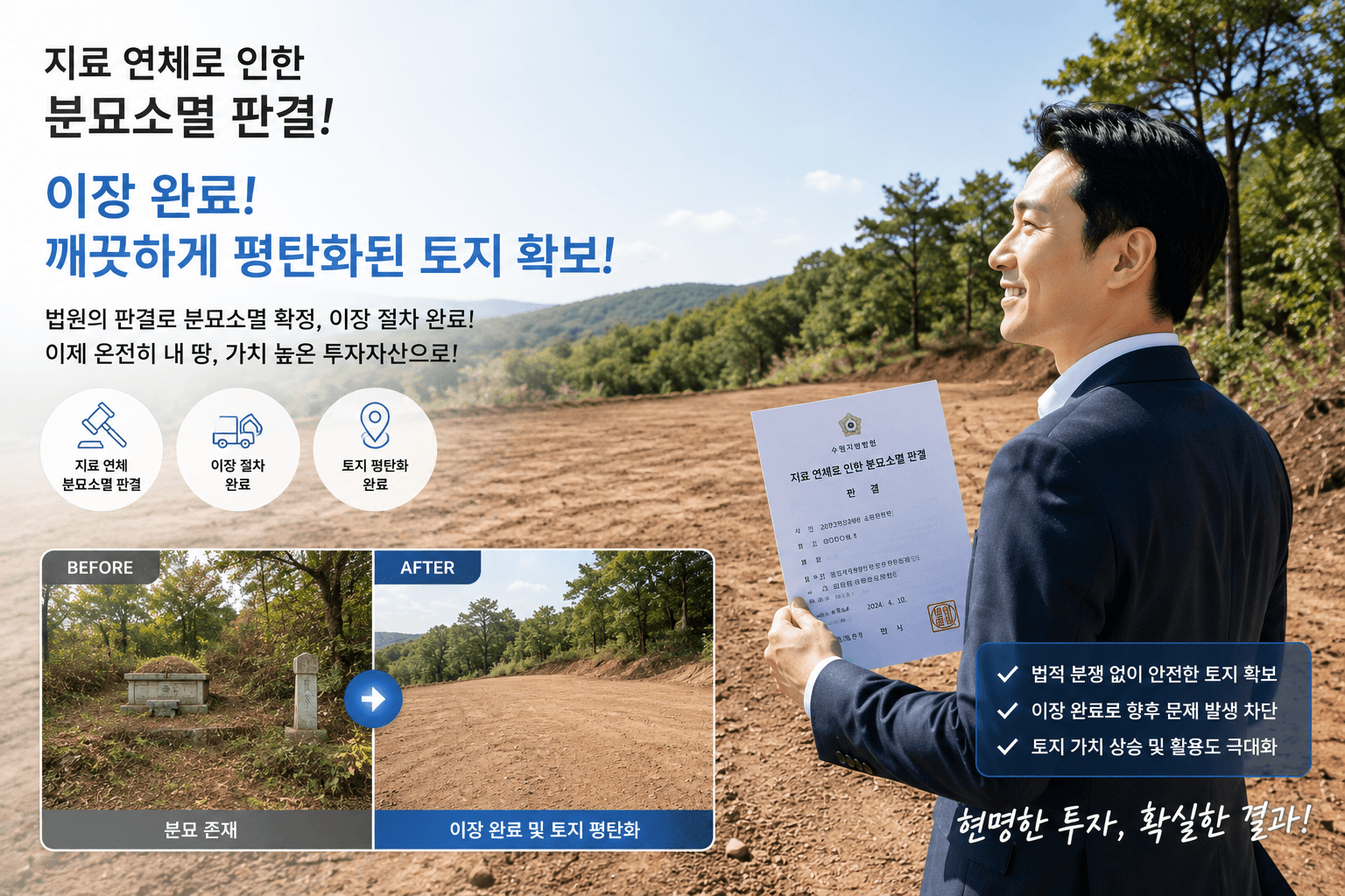 판결문을 바탕으로 이장 절차가 완료되어 묘지가 있던 자리가 깨끗하게 평탄화된 임야 토지를 바라보며 미소 짓는 투자자 모습