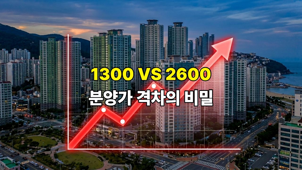 깔끔하고 미니멀한 화이트 배경의 매거진 커버 스타일. 세련된 폰트로 시장 분석 수치들이 나열되어 있으며, 'REAL ESTATE REPORT' 문구와 함께 부산 지도가 기하학적으로 표현됨.