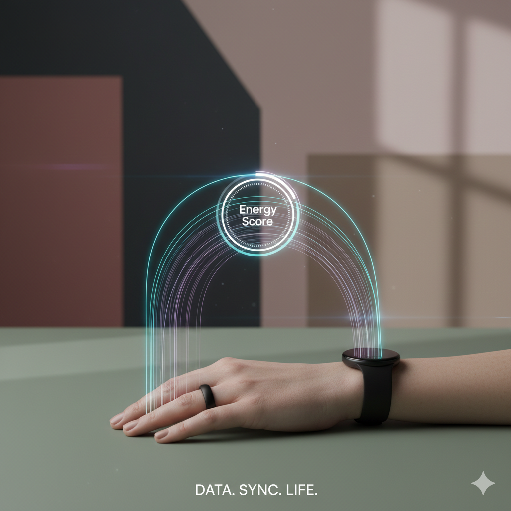 차분한 뮤트 톤의 기하학적 배경 앞, 모델의 손에 착용된 갤럭시 링과 워치 사이로 데이터가 동기화되는 모습을 추상적인 빛의 선과 'Energy Score' 아이콘으로 표현한 미니멀 디자인 이미지."