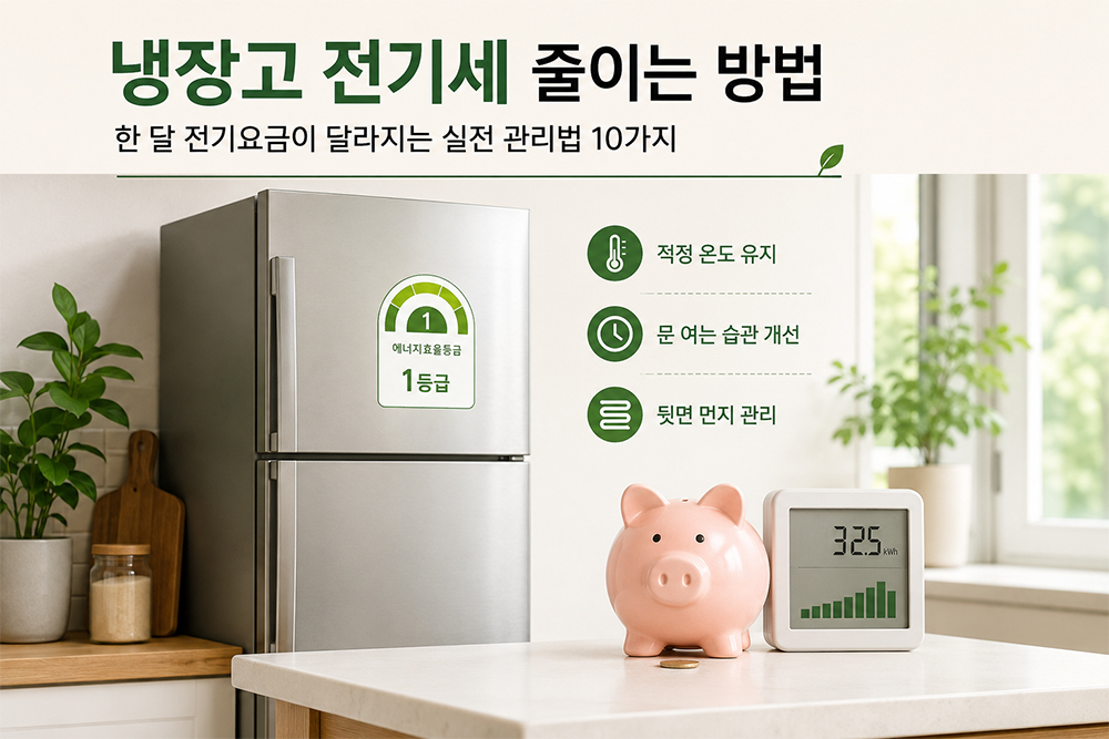 냉장고 전기세 줄이는 방법을 소개하는 이미지. 에너지효율 1등급 냉장고와 전기요금 절약을 상징하는 저금통, 전력 사용량 표시기, 적정 온도 유지와 문 여는 습관 개선 등 전기세 절약 관리법을 표현한 대표 썸네일.