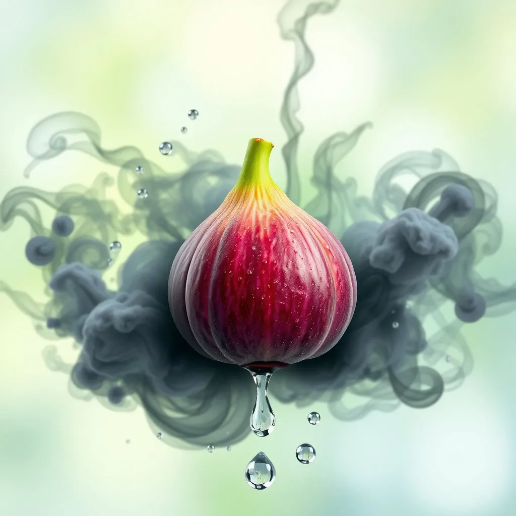 무화과 열매가 마치 필터나 정수기처럼 몸속의 독소(검은색 또는 회색 연기/입자)를 걸러내 깨끗한 물방울(맑고 투명한 입자)을 만들어내는 모습을 연출합니다. 맑고 청량한 느낌의 색상으로 정화 효과를 강조합니다.